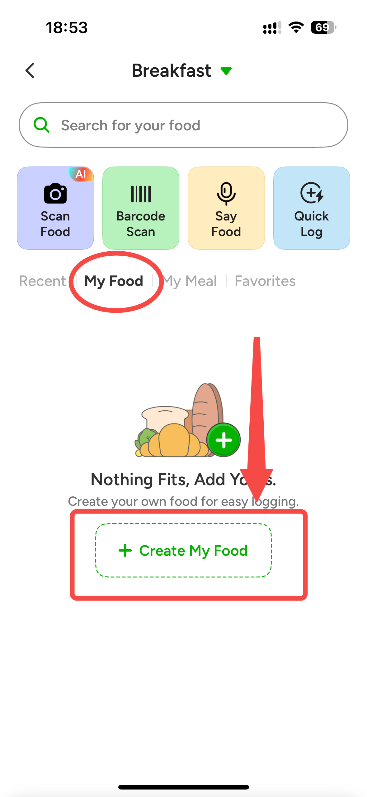 CaloCare My Foods screen