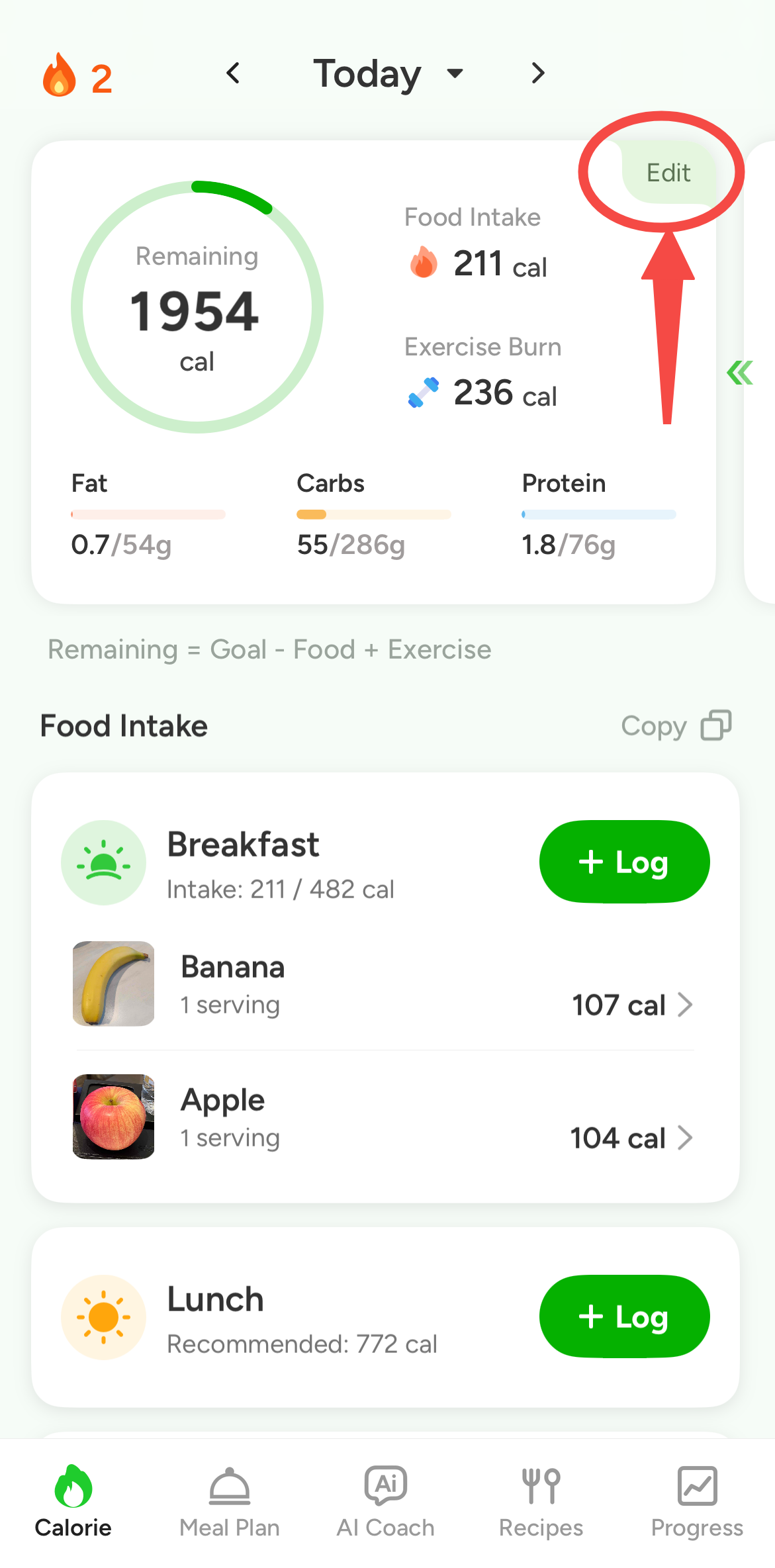 CaloCare Goals and Plans entry point