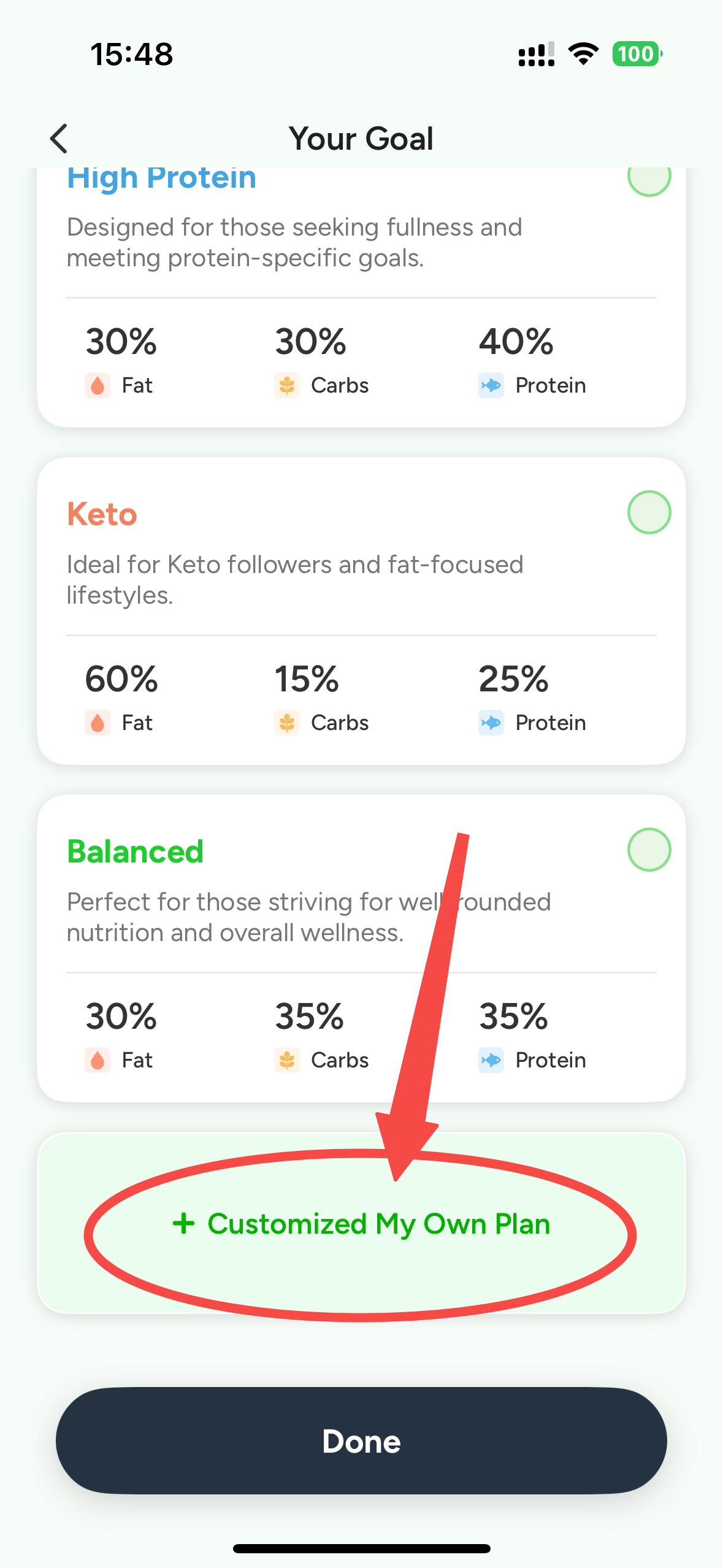 CaloCare nutrition plan selector
