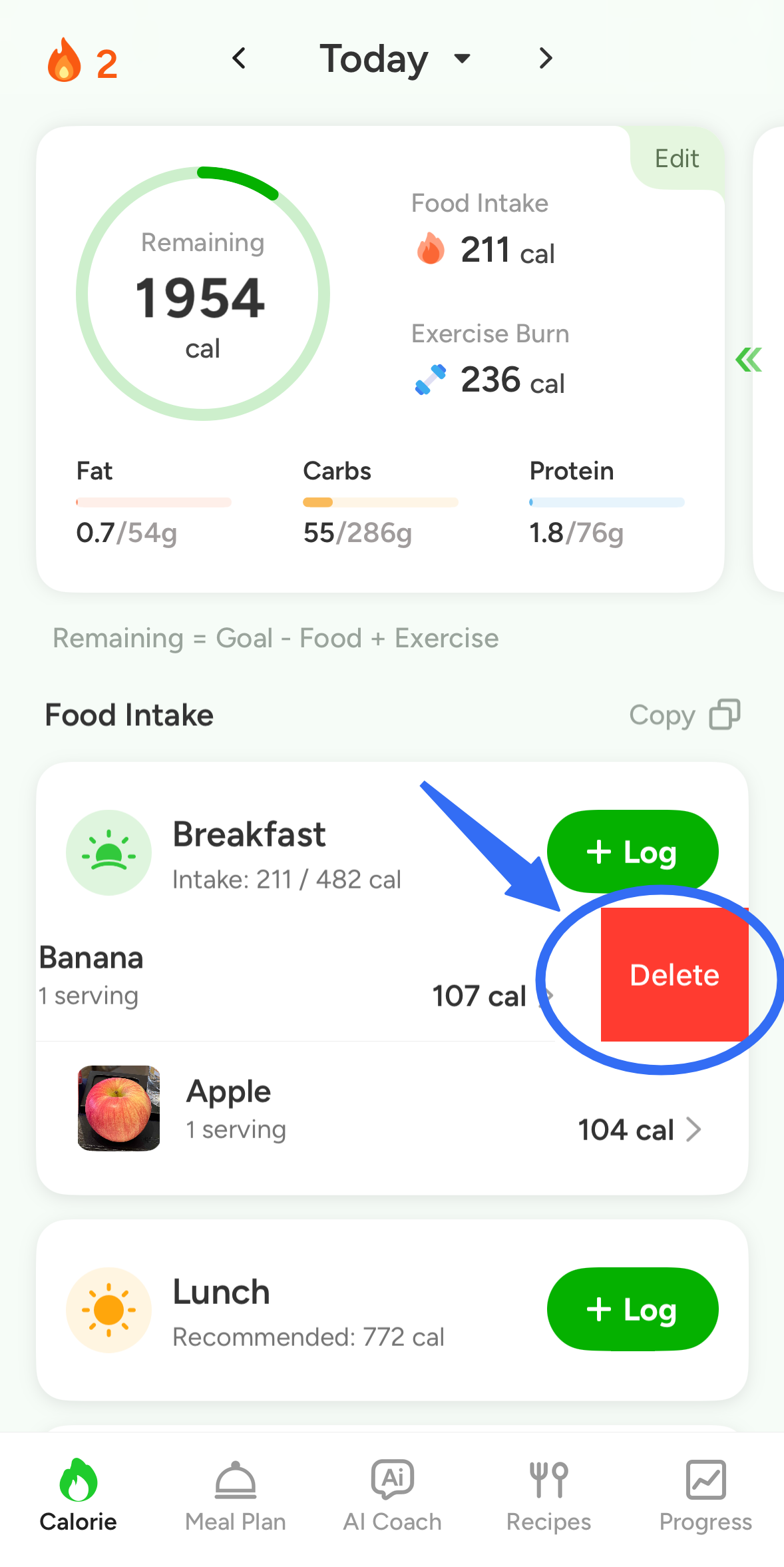 CaloCare swipe to delete a food entry