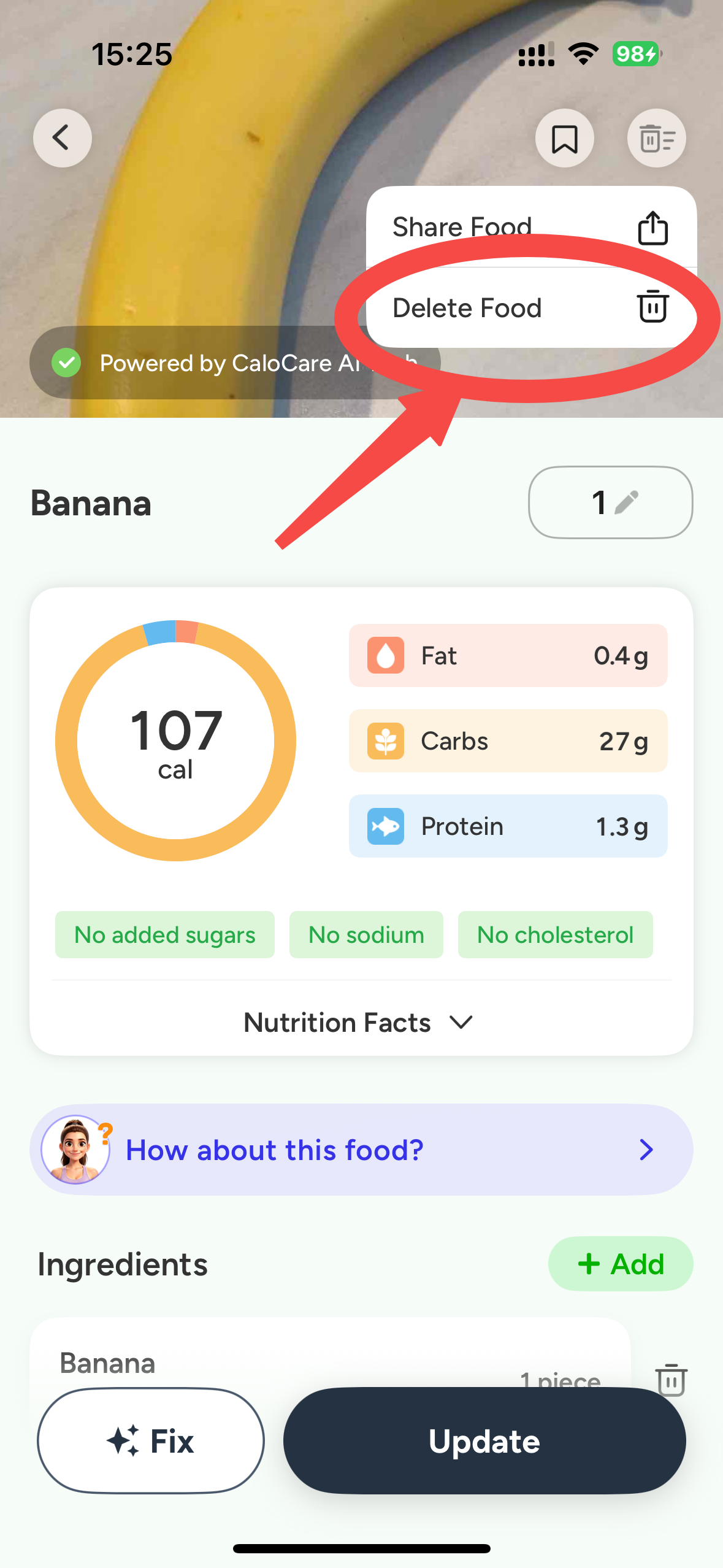 CaloCare food details deletion control